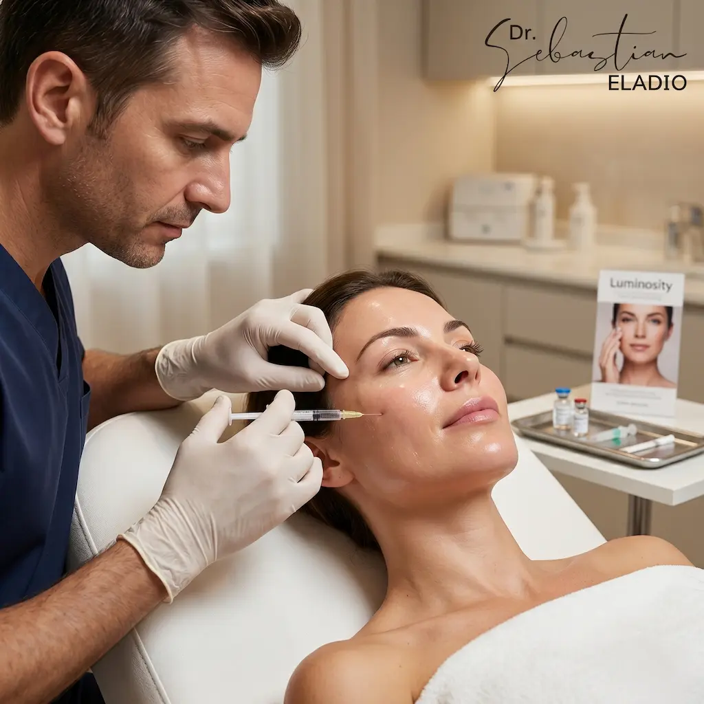 Aplicación de Skinbooster para hidratar e iluminar la piel del rostro en consulta médica