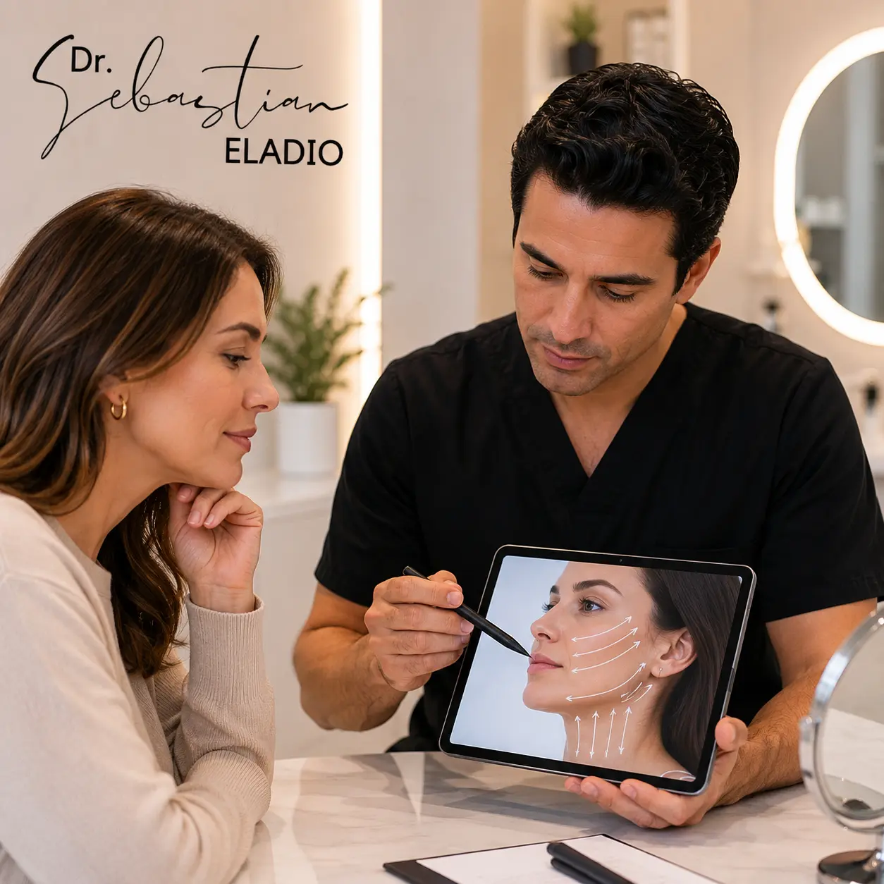 Evaluación personalizada de hilos tensores con simulación de líneas de tracción facial.