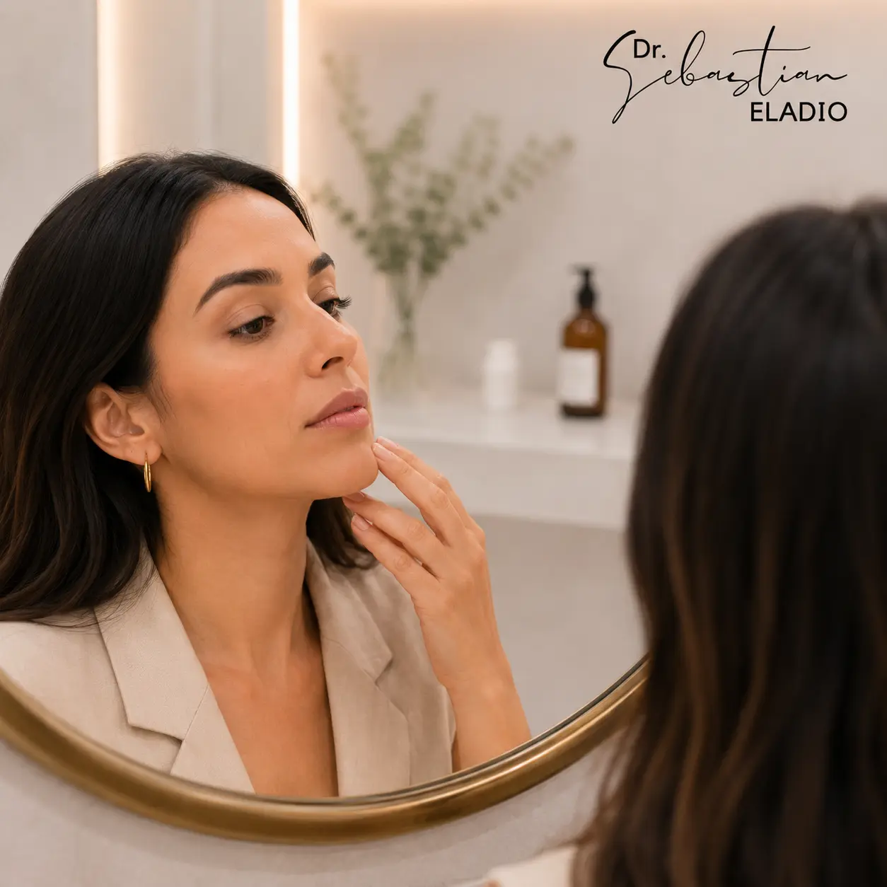 Paciente revisando firmeza y calidad de piel tras tratamiento Sculptra para rejuvenecimiento facial natural
